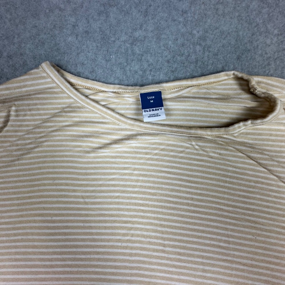 Old Navy Luxe Womens Medium Tan White Striped Short Sleeve Crew Neck T-Shirt - Picture 4 of 9